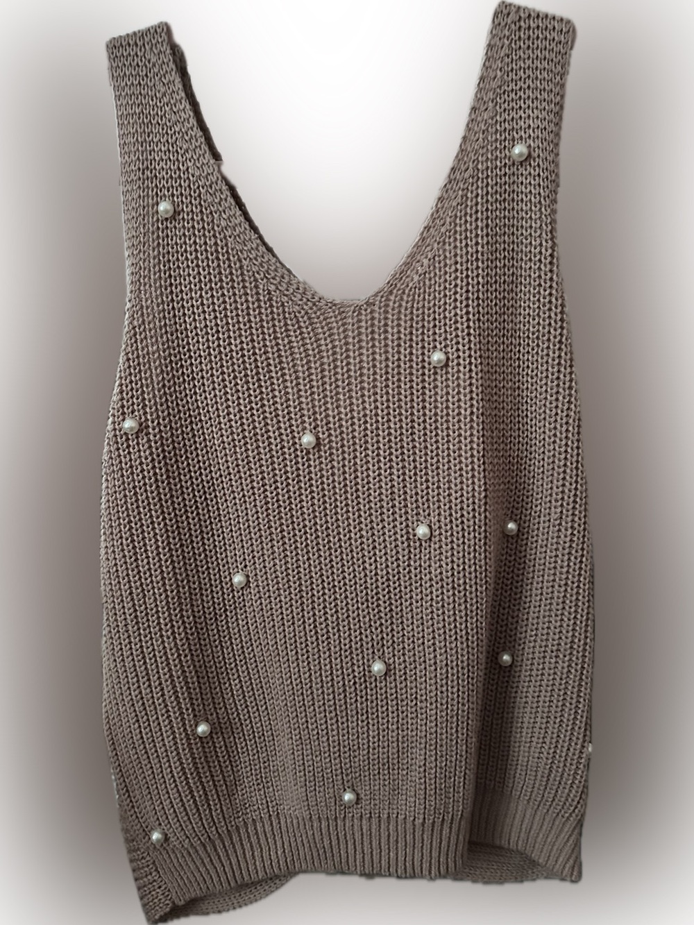 Jessica Simpson Taupe Pearl-Embellished V-Neck Sweater Vest- NWT